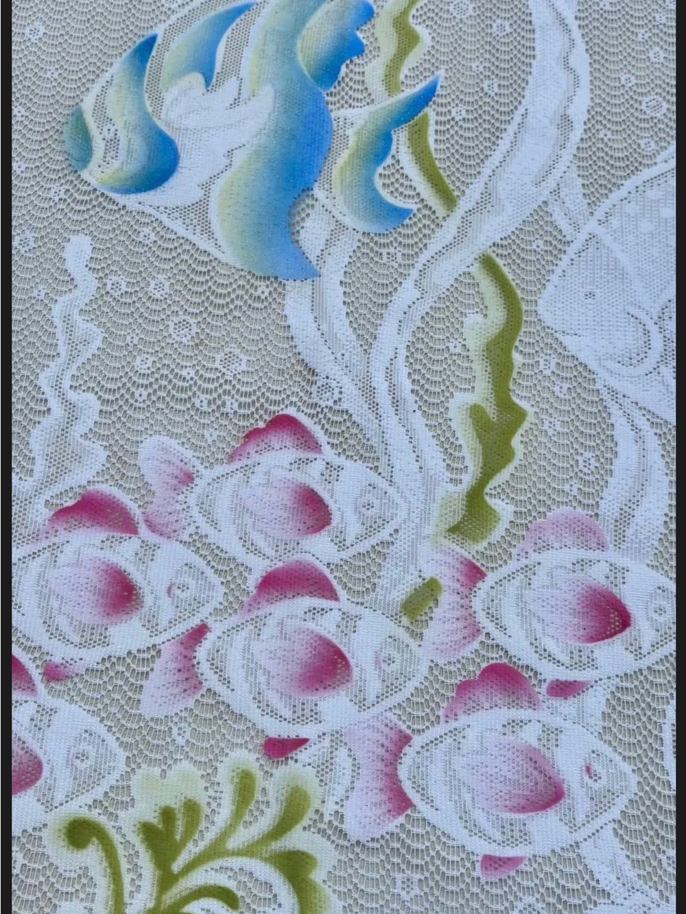 Decorative Lace Shower Curtain with Fish in Blue, Pink & Green
